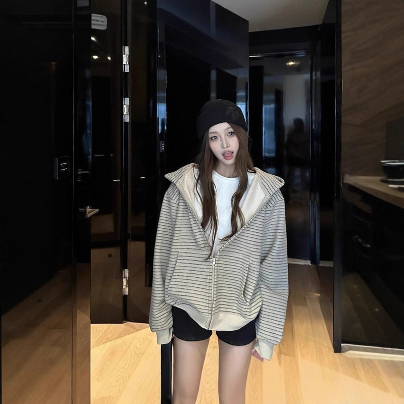 High-End Striped Hooded Casual Loose American Sweatshirt for Women 2025 New Autumn Chic Top High-End Striped Hooded Casual Loose American Sweatshirt for Women 2025 New Autumn Chic Top