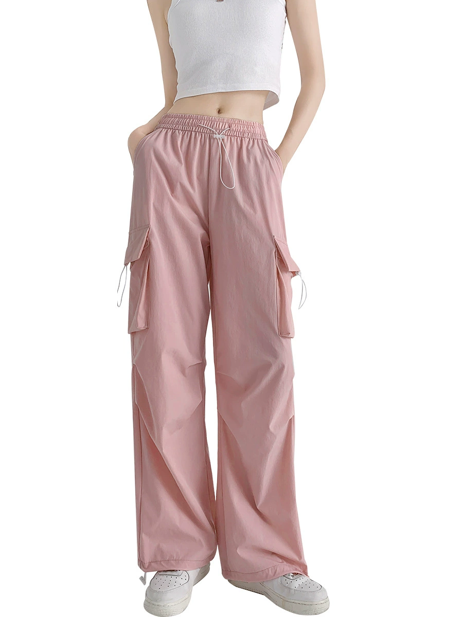 Thin Quick-Dry Sports Trousers, American Style, High-Waist Loose Straight Fit, Cargo Pockets