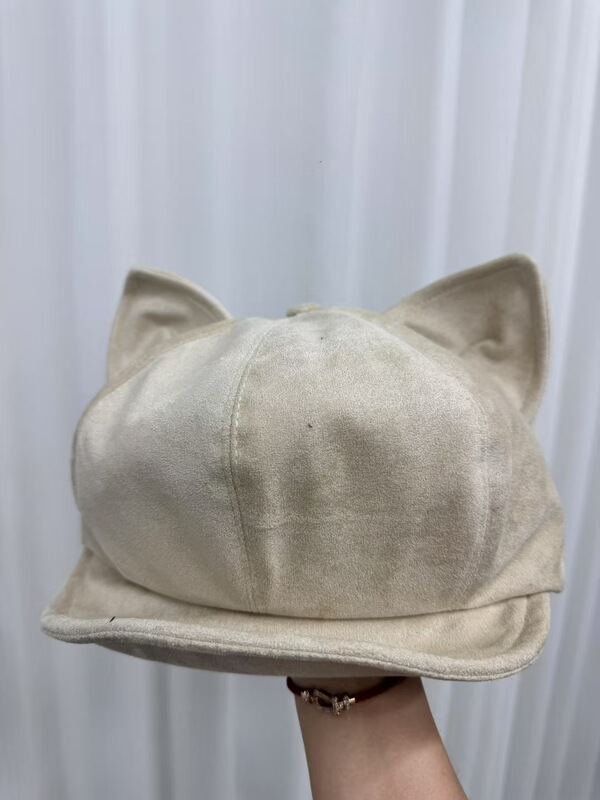 麂皮绒猫耳贝雷帽子女秋冬季新款纯色复古百搭八角帽显脸小画家帽|undefined