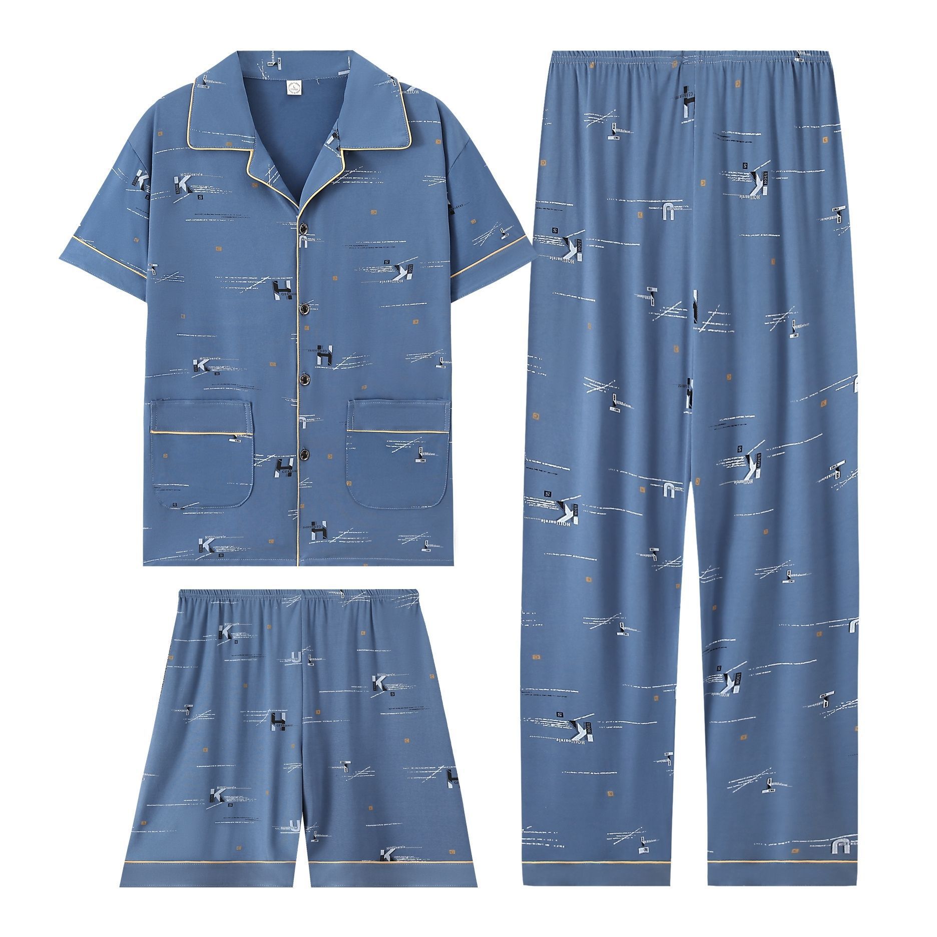 Pijama de hombre de algodón de verano de mangas cortas pantalones largos de tres piezas delgados de ropa de casa de jóvenes y medianos más tamaño conjunto