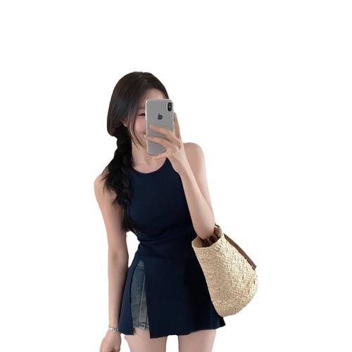 Pure lust style knitted chic camisole women's  summer outer wear slim fit slit sleeveless sweet and spicy top trendy