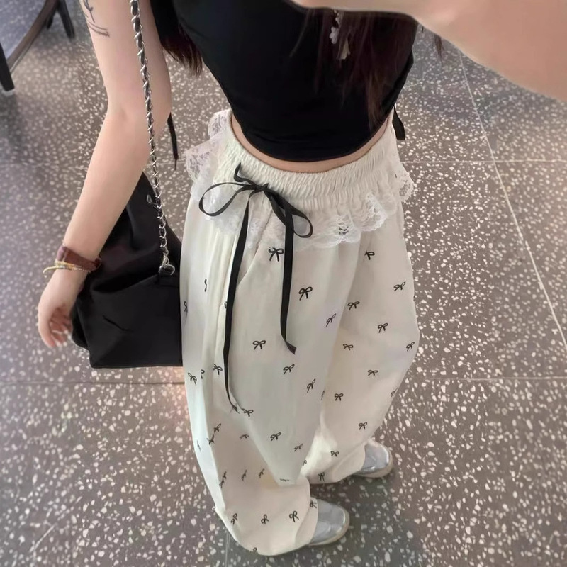 American-Style Sweet and Spicy Bow Lace Patchwork Wide-Leg Casual Pants for Women, Summer 2026 New High-Waisted Floor-Length Pants American-Style Sweet and Spicy Bow Lace Patchwork Wide-Leg Casual Pants for Women, Summer 2026 New High-Waisted Floor-Length Pants