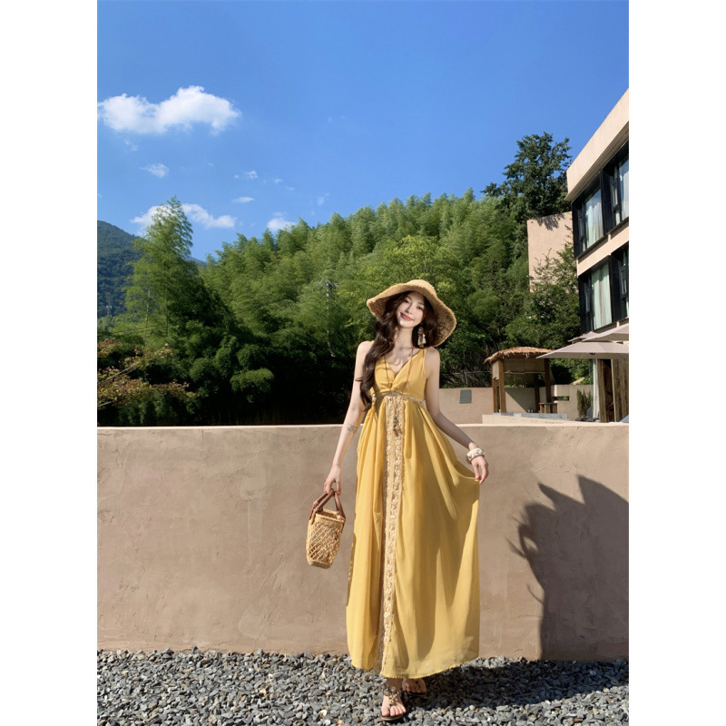 Yanyu Jiangnan Zen Cool Feeling Beaded Backless Yellow Embroidered Loose Dress Vacation Original Xinjiang Long Skirt