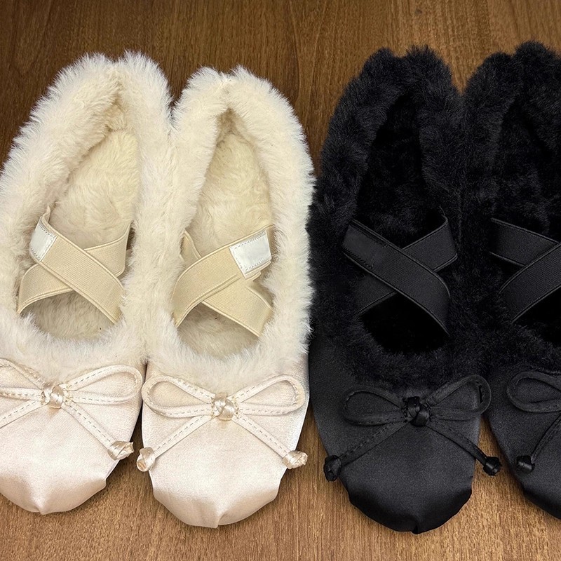 Korean Handmade Ballet Flats for Women, Round Toe, Bowknot, Fleece-Lined, Slip-On Furry Shoes (Tax Not Included)