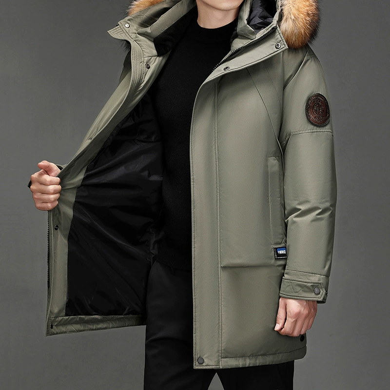 Новый мужской пуховик, Длинная зимняя утепленная белая куртка на утином пуху, Мужская модная куртка из искусственной шерсти