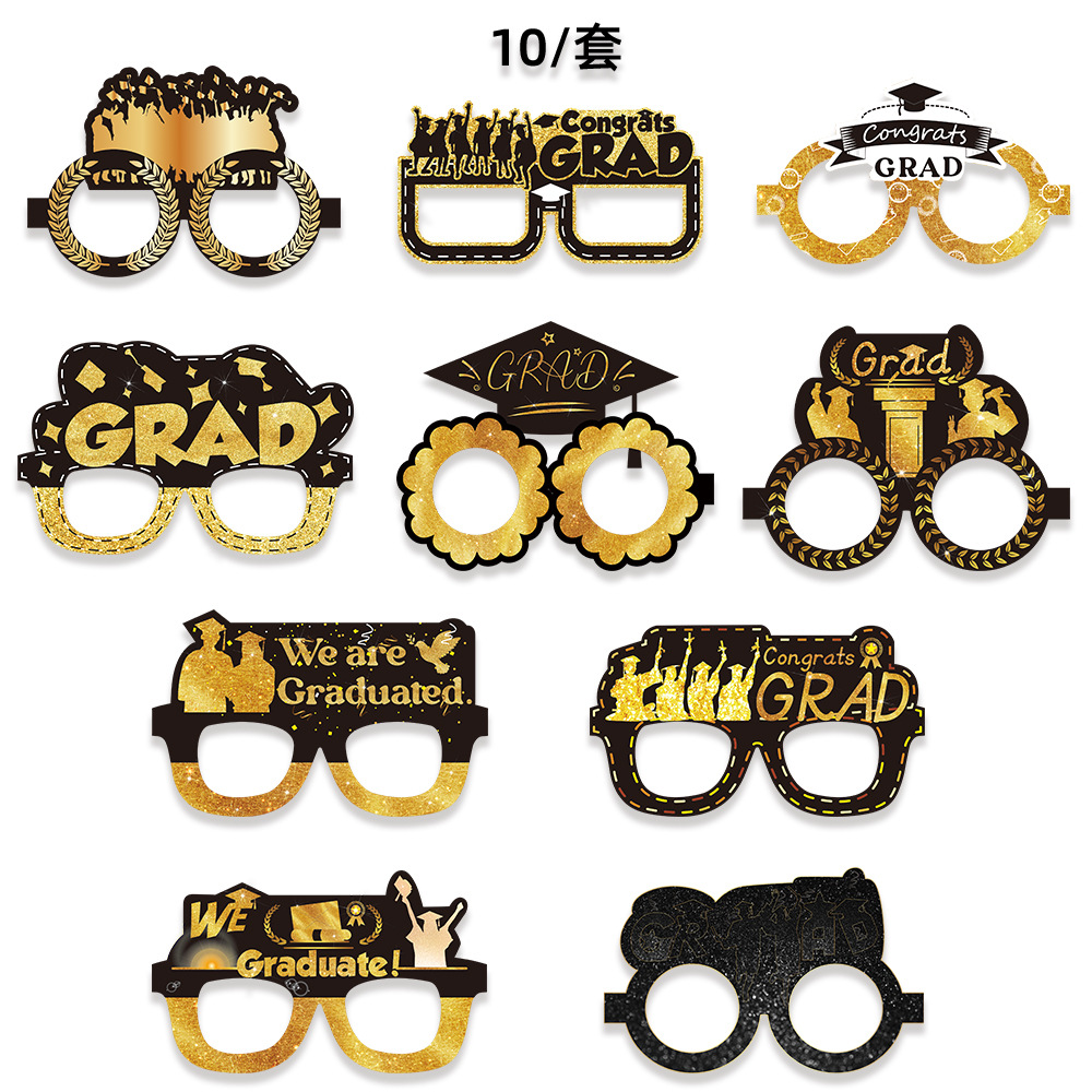 10 unids/set transfronterizo nueva temporada de graduación decoración gafas de fiesta feliz graduación gafas de papel de oro negro