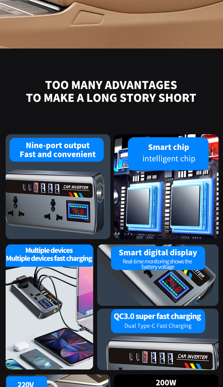 Car Inverter 12V24V Universal to 220V Truck Power Socket Car Smart Charging Inverter Converter