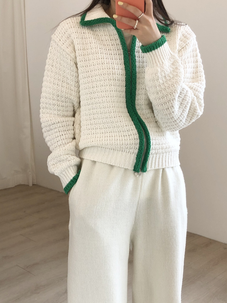 Contrast Thick Needle Zipper Cardigan Sweater Coat