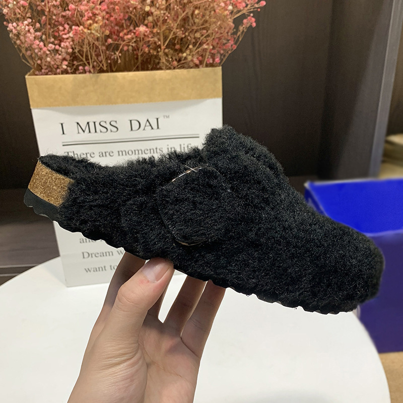 Boston Wool Birkenstock Fur Slippers Autumn and Winter Outer Wear Fashionable Toe-Cap Half Slippers Birkenstock Shoes Fleece-Lined Cotton Slippers for Women