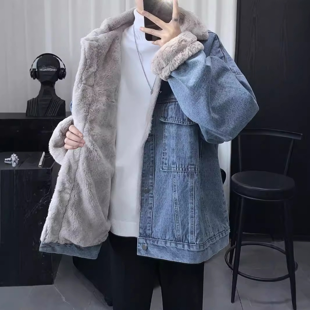 翻领冬季羊羔绒牛仔外套男潮牌休闲日系复古美式高街宽松加绒夹克