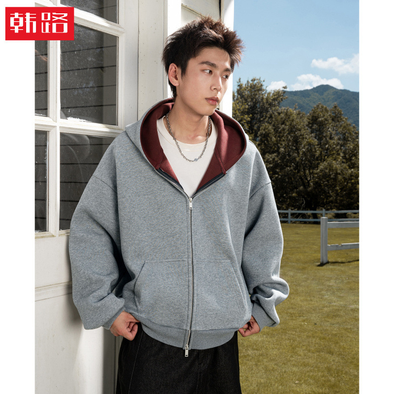 Contrast Color Lining Sports Silhouette Hooded Sweatshirt Men's Autum Style 380g Heavyweight Trendy Brand Hoodie Short Wide Jacket Jacket Contrast Color Lining Sports Silhouette Hooded Sweatshirt Men's Autum Style 380g Heavyweight Trendy Brand Hoodie Short Wide Jacket Jacket