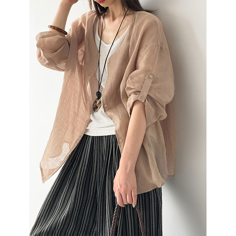 Orange Zhi Summer New Korean-Style Retro Ramie Artistic Long-Sleeve Cardigan Loose Sun-Protective Shirt 9883