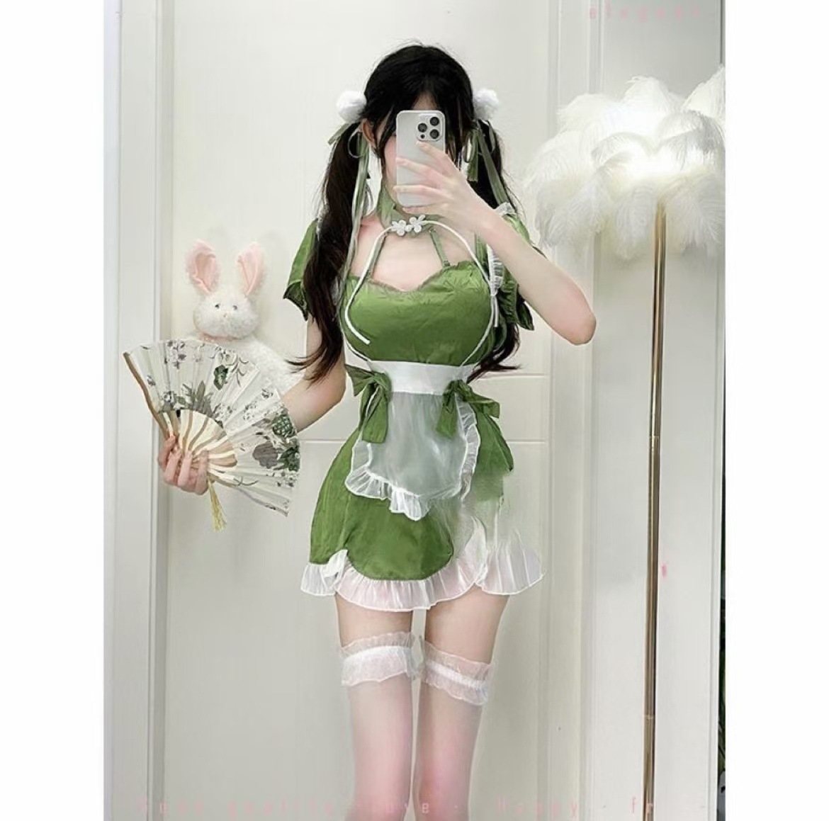 Lolita Maid Costume Set with Lace Apron and Ruffle Thigh-high Stockings, One Size — detail image 4