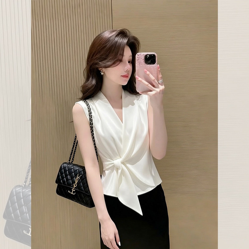 Áo sơ mi nữ không tay cổ V thắt nơ phong cách Pháp — màu trắng chi tiết 1