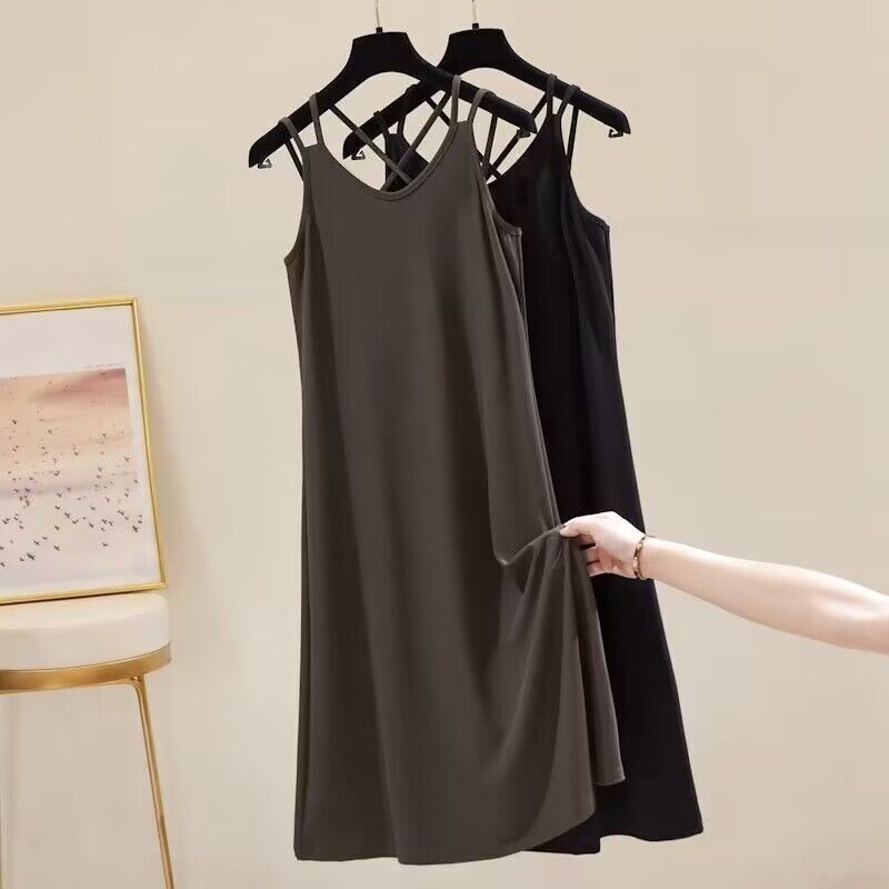Mid-Length Vest Dress for Women, New Summer Style, Loose Fit, Ice Silk Ribbed, Plus Size, Outerwear, Base Vest, Camisole Dress