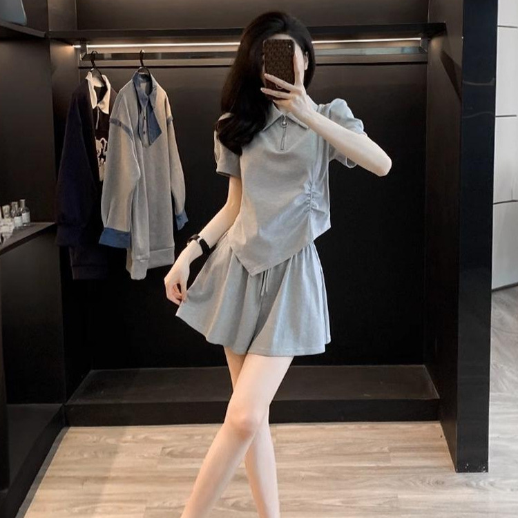 그레이 스포츠 캐주얼 세트 여성 여름 작은 높이 감소 연령 감소 서양식 거리 반팔 반바지 투피스 세트
