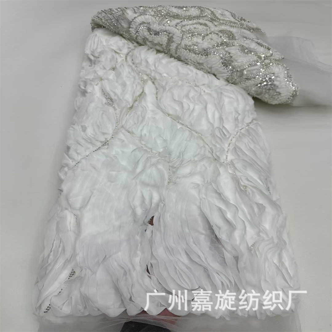 Nuevo chiffon tridimensional con flores pesadas cuentas de tubo sequinilla tela bordada vestido de boda africano vestido tela image 10
