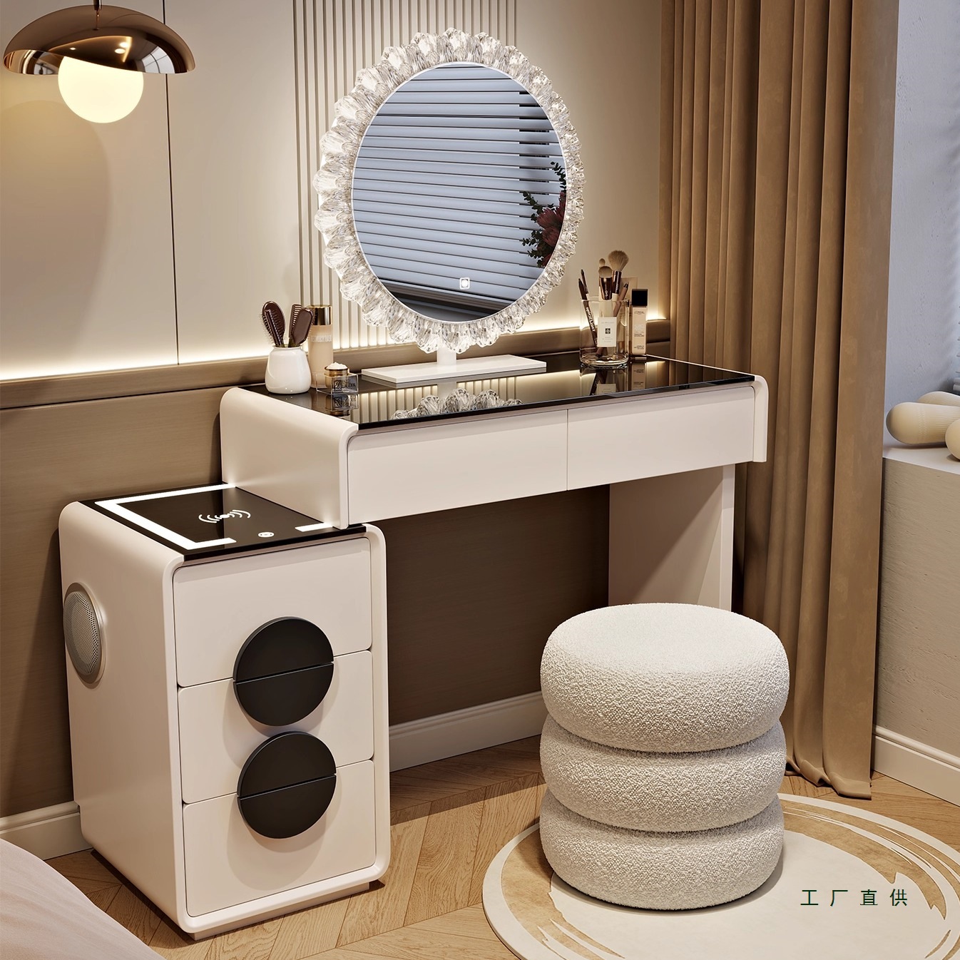 奶油风梳妆台小户型卧室现代简约斗柜一体小型化妆桌智能轻奢高级