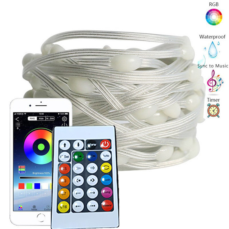 Suministro Exclusivo Transfronterizo de Nueva Cadena de Luces LED con Control Remoto Bluetooth, Control por Aplicación, Diseño Fantasía, Cable de Cuero, para Decoración Navideña de Árboles, RGB
