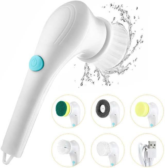 Upgraded Cordless Shower Spin Scrubber with 5 Replaceable Brush Heads, Bathroom/Floor/Sink/Window