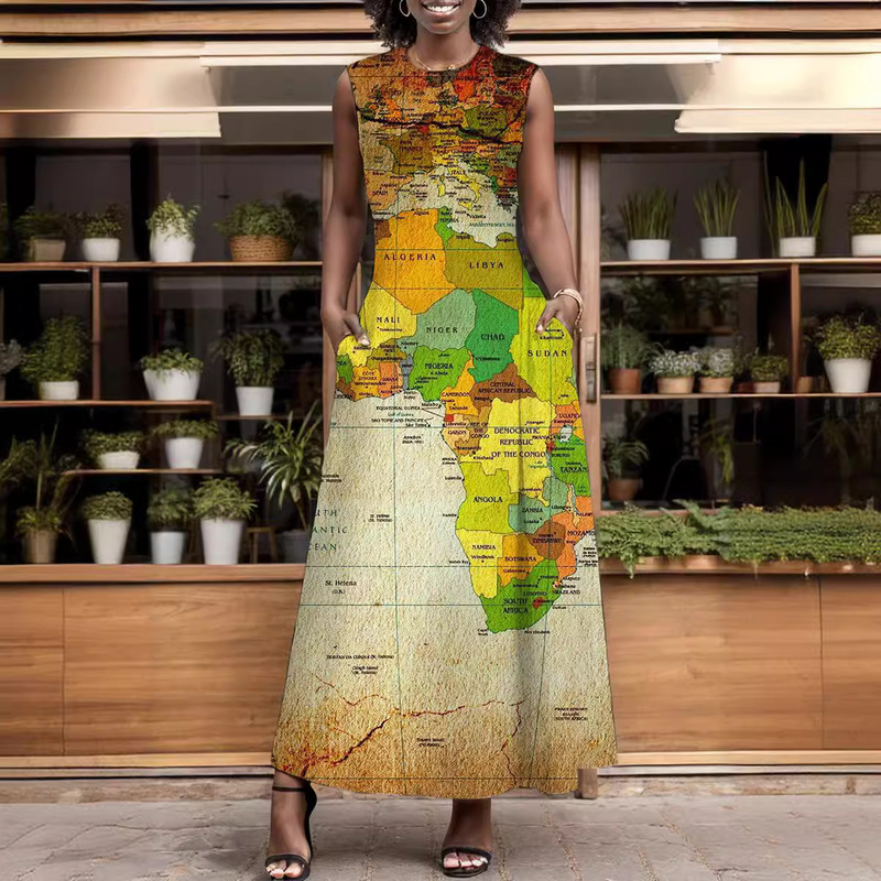 New Amazon Summer Cool Style Sleeveless Round Neck Mid-Length Skirt Map Digital Printing Elegant Street Dress