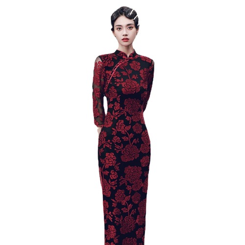 Women chinese dress qipao oriental cheongsam dress photos shooting photos shooting singer model show Long cheongsam stand collar double peony flower