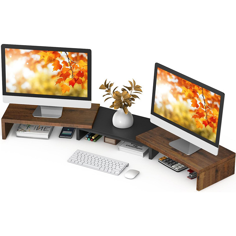 Wooden Dual Monitor Stand Computer Riser Rotatable Desktop Printer Storage Rack Laptop Height Increase