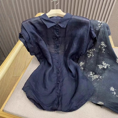 大好きですチャオ美単品! 自留無D推奨チベット青空糸ラミー麻襟落肩半袖シャツ女
