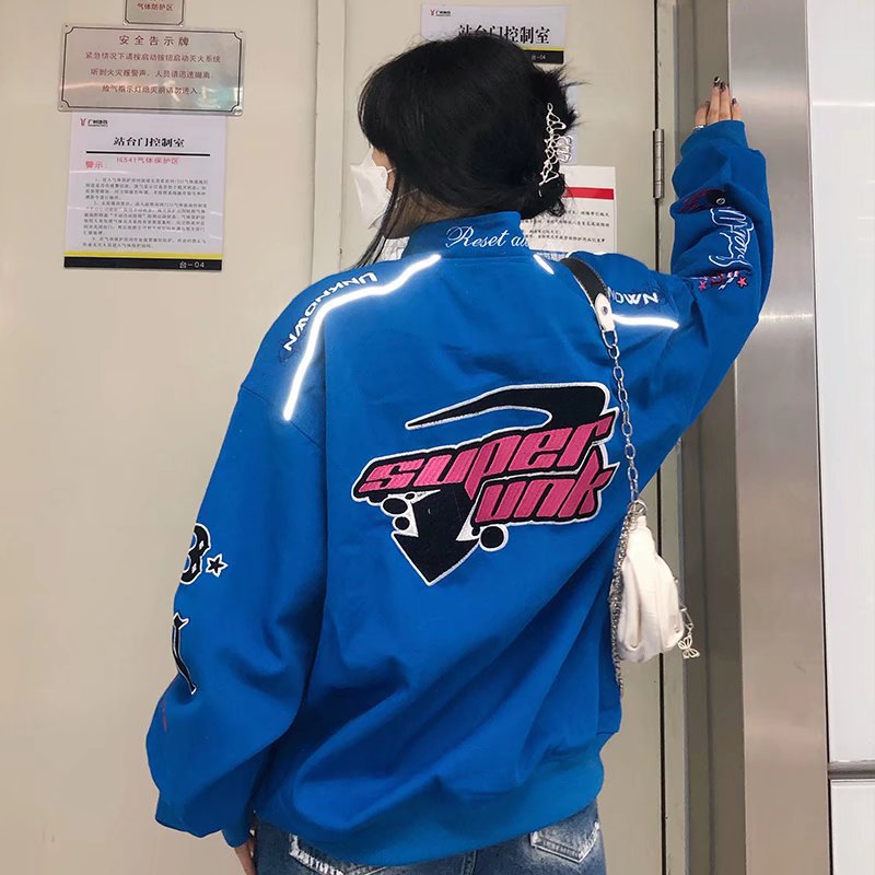 Uniforme de carreras estadounidense uniforme de béisbol hombres y mujeres otoño nuevo retro bordado suelto chaqueta de la motocicleta chaqueta ins moda