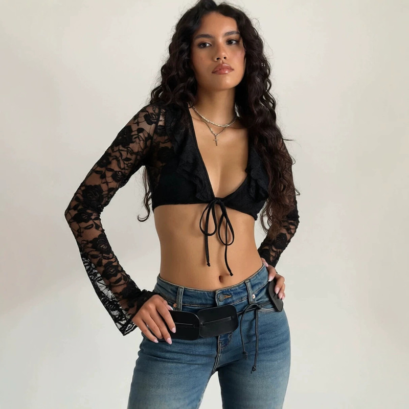 2026 New European and American Cross-Border Amazon Design Slit Long-Sleeve V-Neck Lace Top with Chest Tie