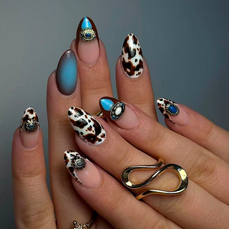24 Pieces of Almond-Shaped Wearable Nails with Spotted Cow Pattern, Vintage Turquoise Gemstone, Fluorescent High-End Nail Pieces, Wholesale in Stock