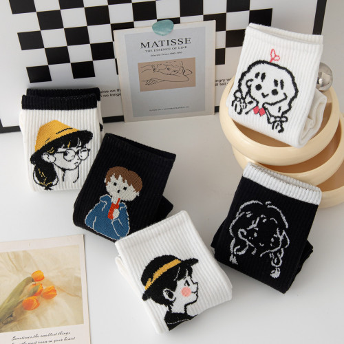 5 pairs of autumn and winter socks women's mid-calf socks ins trendy socks cotton sports sweat-absorbent checkerboard floral long-tube sports socks