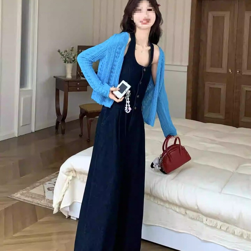 Denim-style knitted cardigan two-piece set for women, 2026 spring new Korean fashion slim-fit suspender jumpsuit set Denim-style knitted cardigan two-piece set for women, 2026 spring new Korean fashion slim-fit suspender jumpsuit set