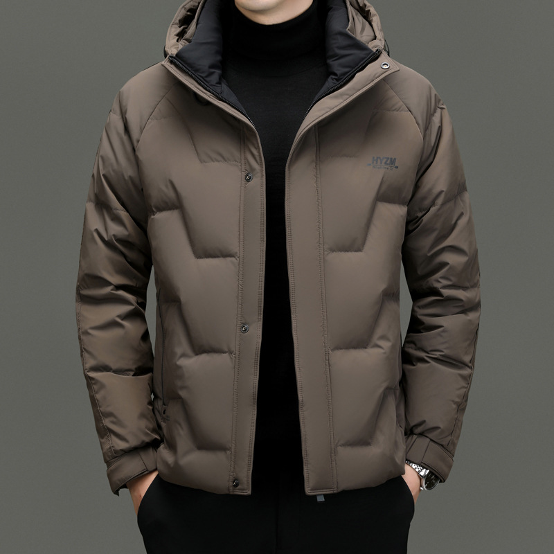 Men's short solid color fashionable trend down jacket with hood