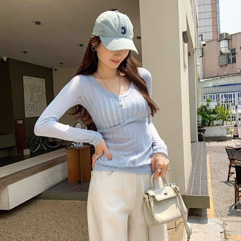 Brand Discount Thin Slightly See-Through Ribbed V-Neck Regular Shoulder Slim Long-Sleeve T-Shirt for Women 2025 New Sun Protection Cover-Up Top