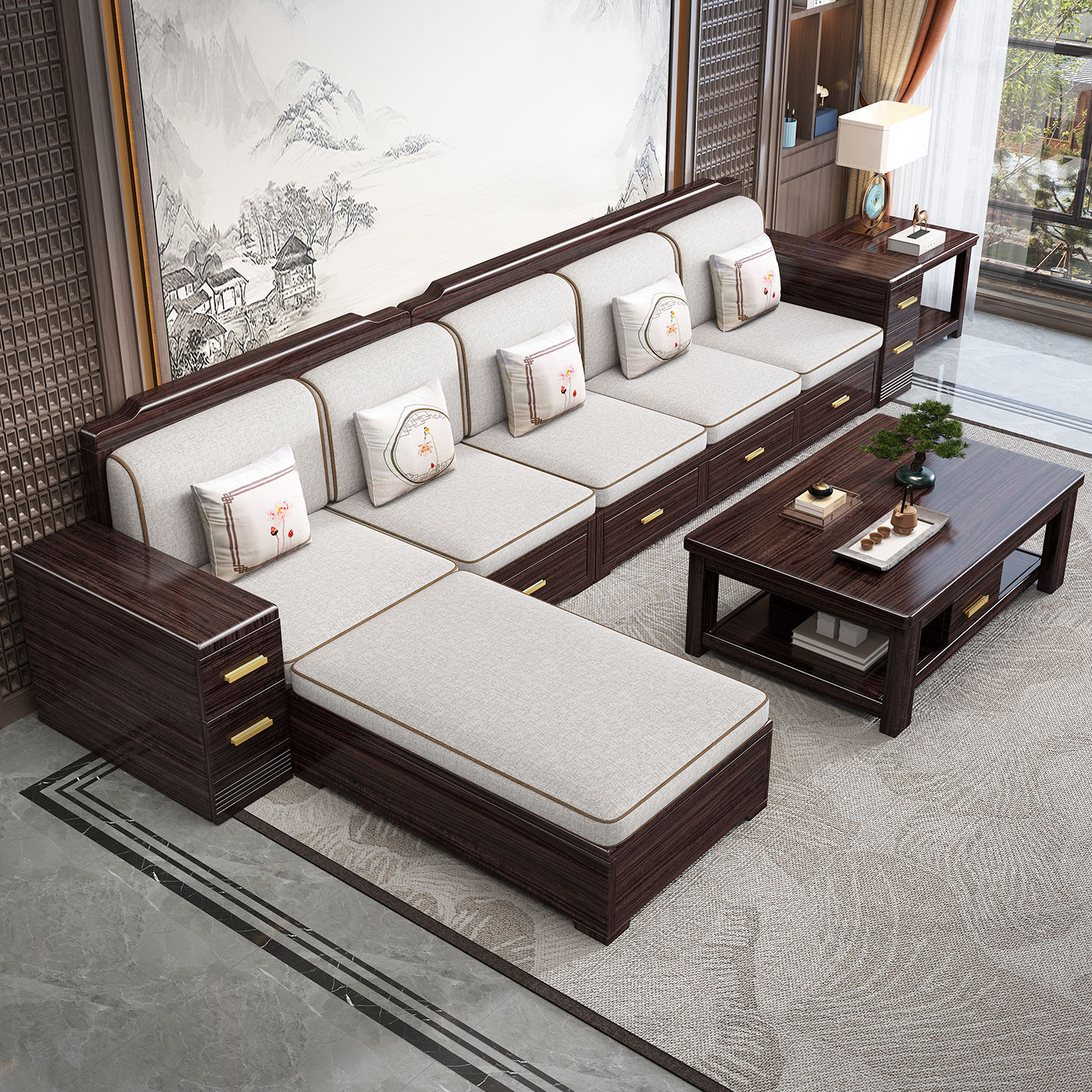 Purple Sandalwood Solid Wood Sofa Combination New Chinese Style Living Room Small Apartment Winter and Summer Dual-Use Storage Sofa Large and Medium-Sized Apartment