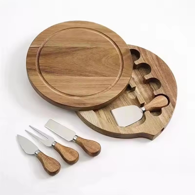 Placa de queso de madera redonda doméstica con cuchillo y tenedor tablero de extracción de verduras para fiesta snack bandeja de madera
