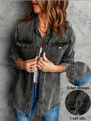 Women's Vintage Washed Denim Jacket with Frayed Edges Casual