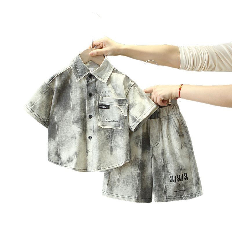 7912 traje de teñido anudado de verano para niños 2025 nueva camisa de estilo occidental para niños bebé verano versión coreana de dos piezas de moda
