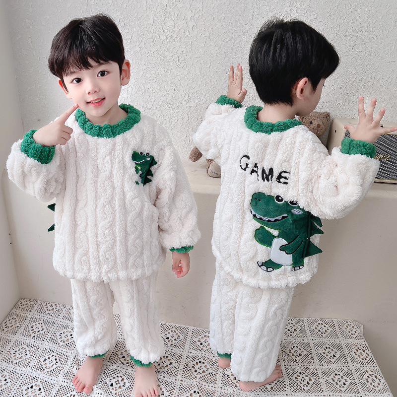공룡 소년 잠옷 플란넬 가을과 겨울 키즈 소년  산호 양털 어린이 두꺼운 홈 옷 세트