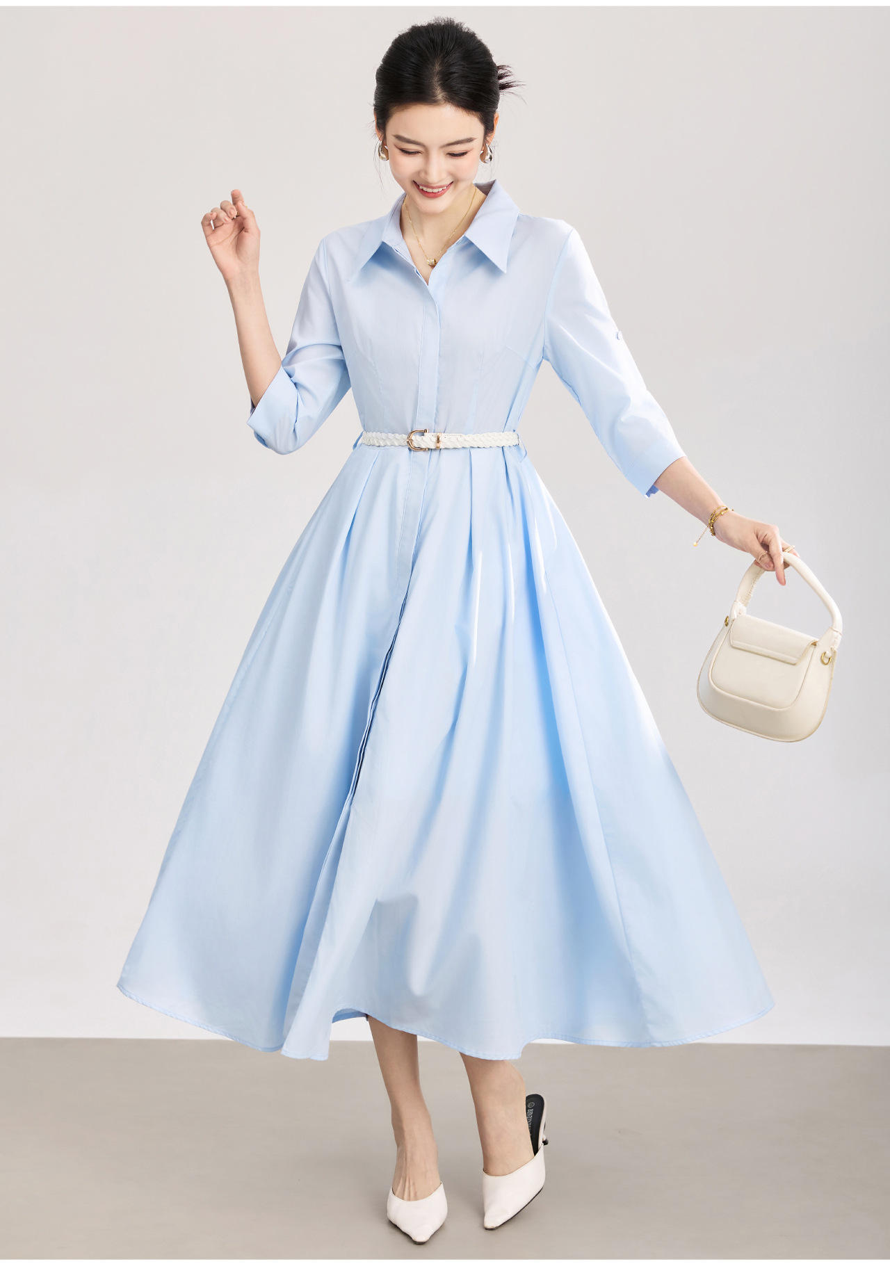 Đầm sơ mi nữ tay dài cổ ve, chất liệu tơ tằm pha cotton, dáng suông thoải mái — xanh lam chi tiết 4