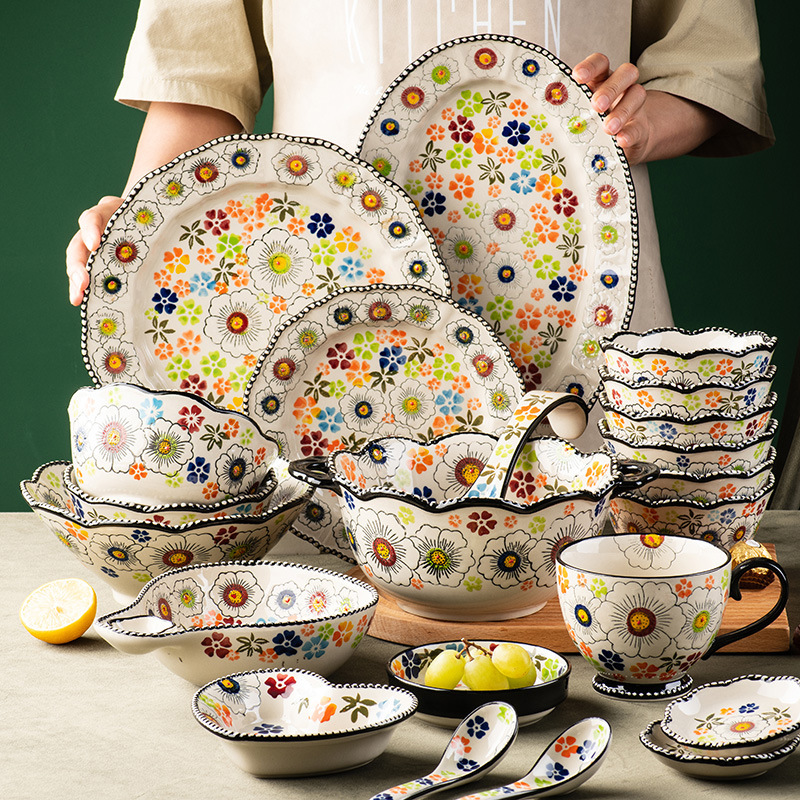 Creative Green wild Boxi ethnic style flower hand painted underglaze household ceramic bowl dish suit noodle soup large Bowl Spoon