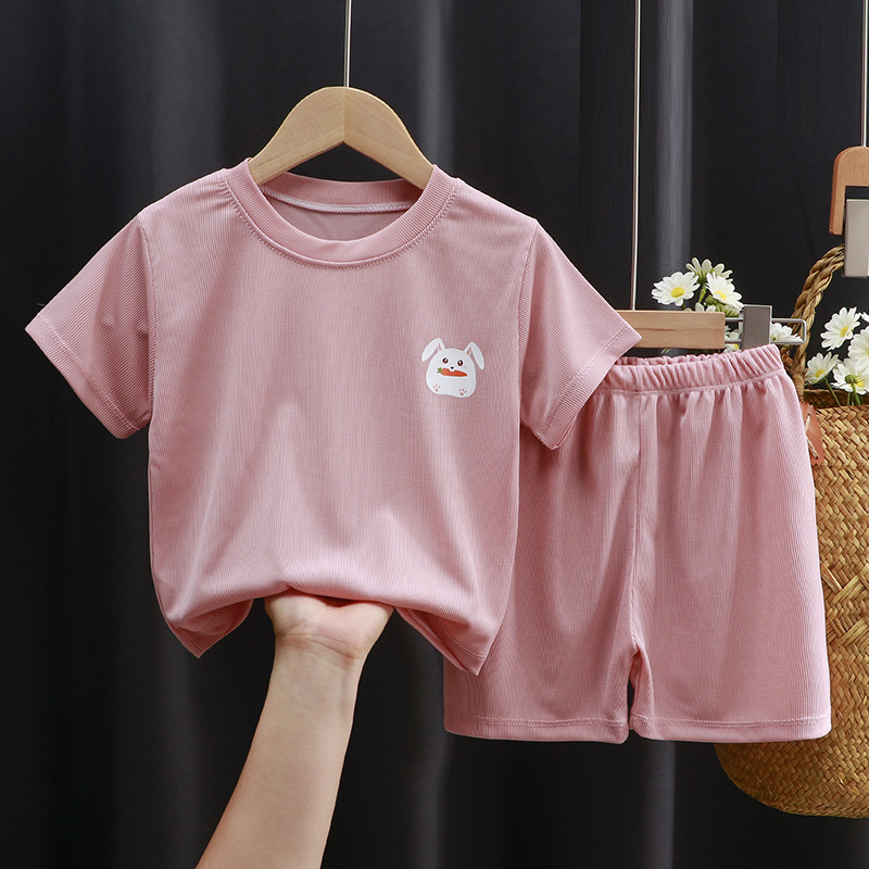 Pantalones cortos de manga corta de verano para niños traje casual de seda de hielo de dos piezas ropa de verano para niños y niñas bebé traje de seda de hielo traje