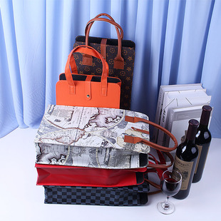In stock high-end red wine gift box high-end empty box wine Double 2 bottles handbag wine box pu leather