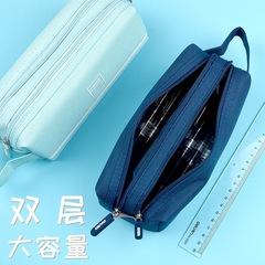 Powerful Stationery 66772 Double Layer Large Capacity Pencil Case Solid Color Lead Pencil Case for Students Canvas Simple Stationery Bag