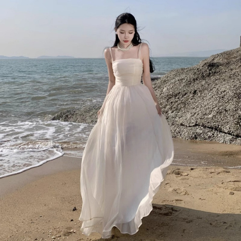 绝美海边度假白色吊带连衣裙女夏季温柔风法式超仙收腰气质长裙子|undefined
