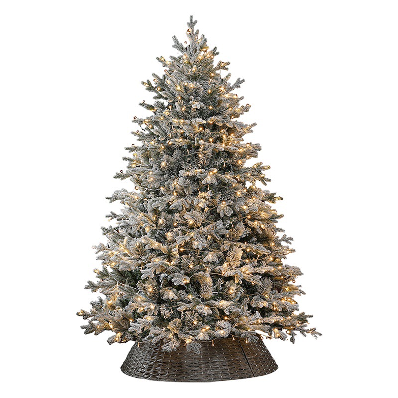 Árbol de Navidad transfronterizo con nieve que cae, adornos navideños, cedro gigante flocado, lujoso árbol de Navidad cubierto de nieve con luces.