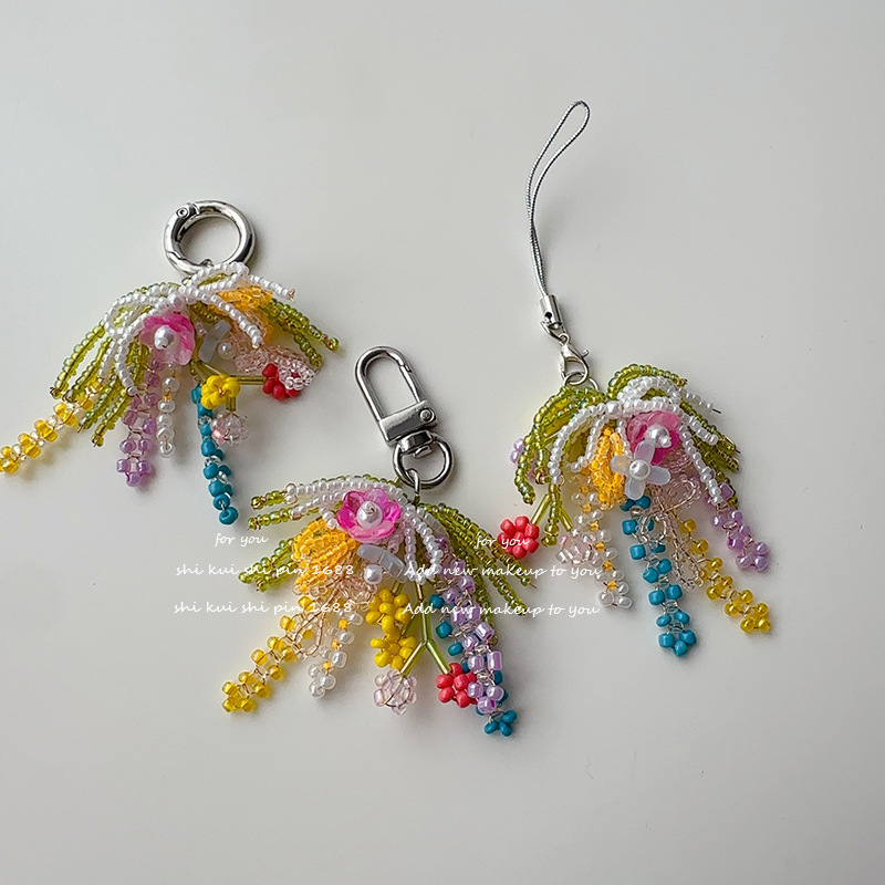 Dopamine Beaded Bouquet Mobile Phone Chain Pastoral Style Hanging Lanyard Bag Decoration Small Flower Hanging Chain Pendant