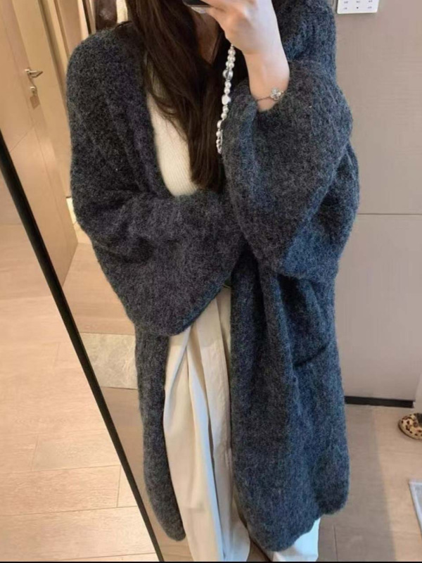 口袋长款针织大衣V领腰带款气质外套开衫加厚毛衣女宽松冬季2025|undefined
