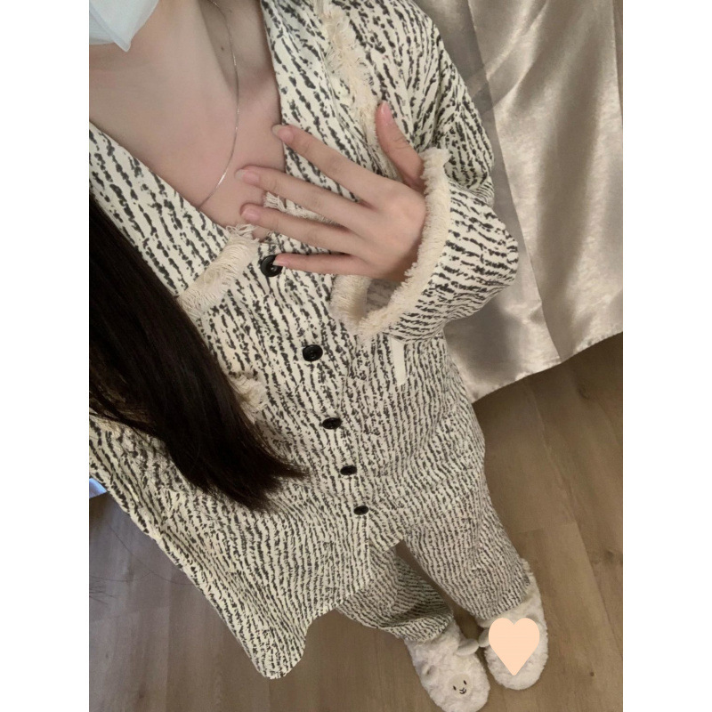 睡衣風高顏值學生條紋長袖長褲睡衣女春秋新款流蘇家居服套裝